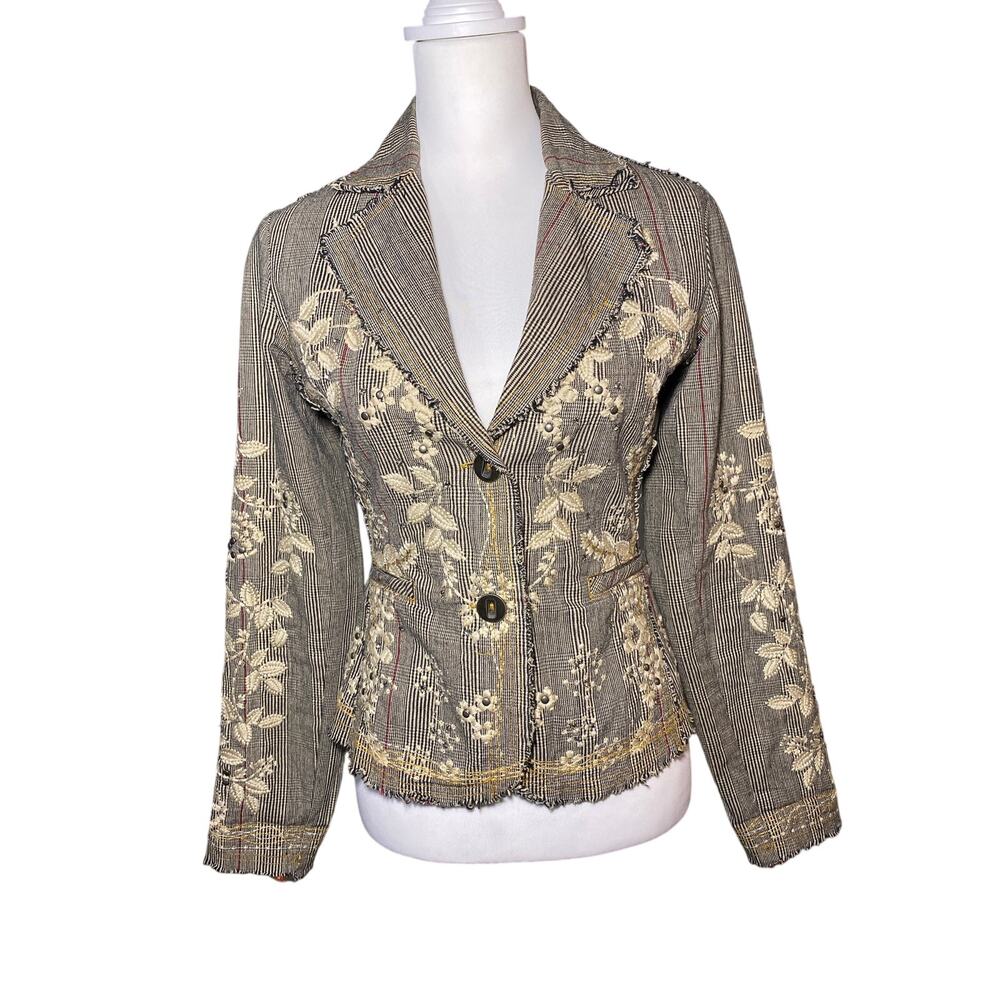 Paparazzi Embroidered Floral Plaid Tweed Jacket Small Raw Hem Studded Boho Artsy